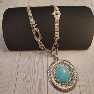 18" sterling silver chainmail necklace with a silver and turquois pendant